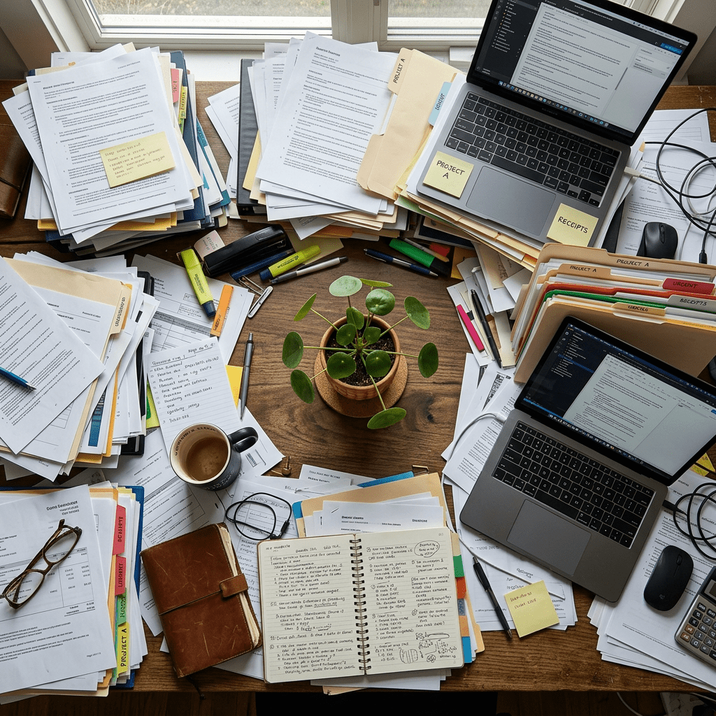 Overhead view of a cluttered workspace with papers, laptops, notebooks, and a small calm space at the center representing clarity amidst responsibility.